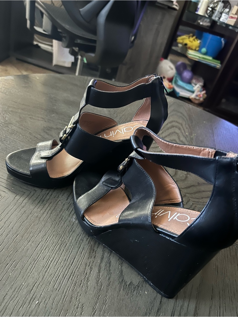 Calvin Klein Black Platform Wedge Sandals with Ankle Strap Buckle